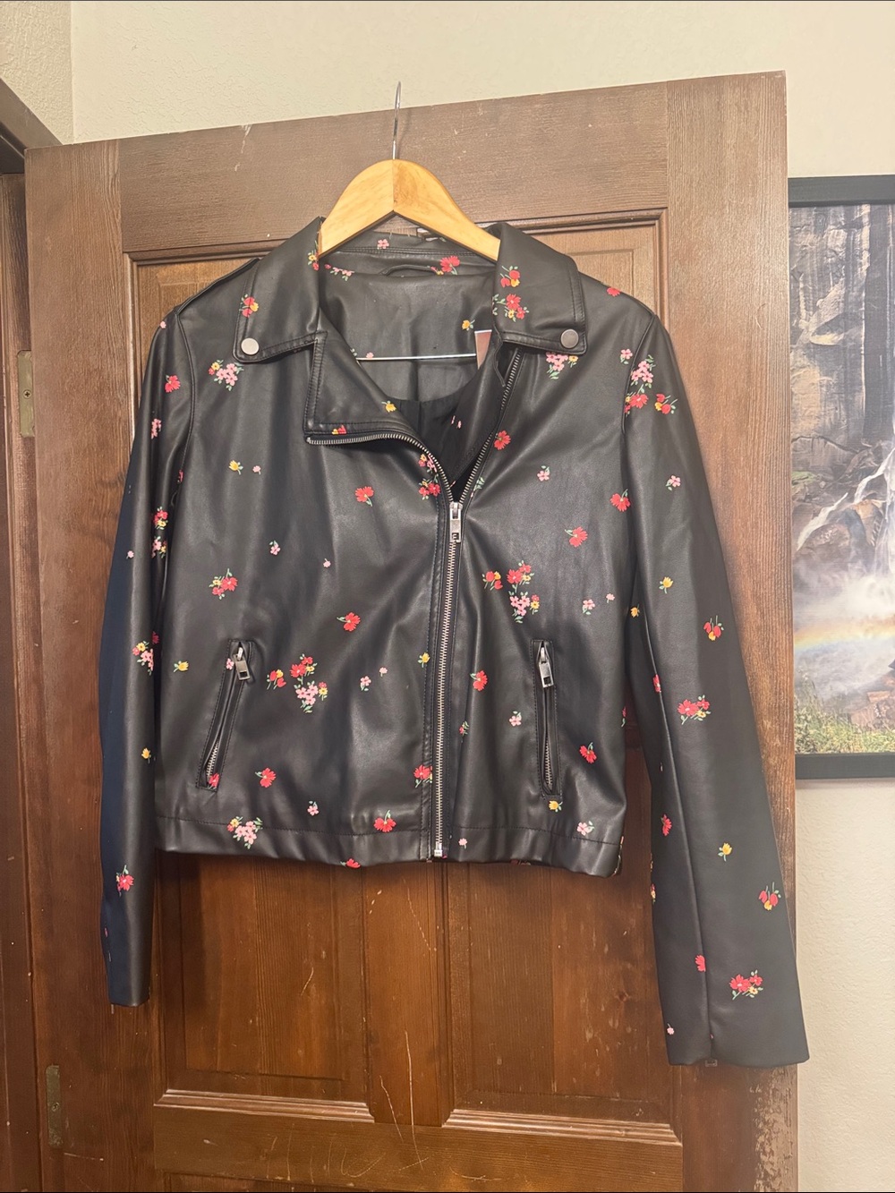 Black Floral Faux Leather Moto Jacket - Women's